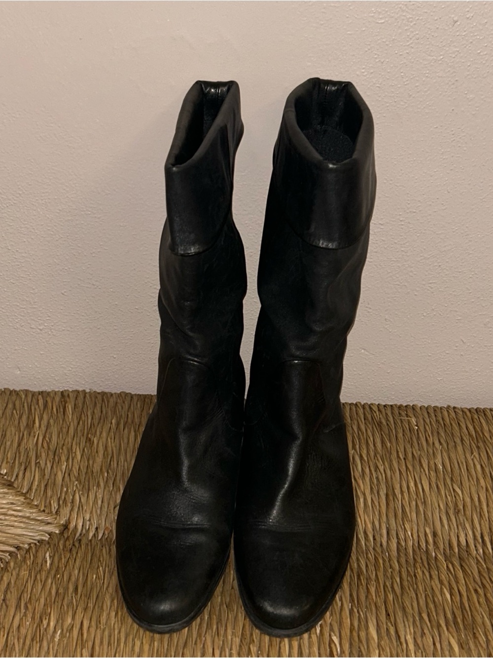 Y2K Black Leather Slouch Boots Shoe Dept Fold Over Cuff Witchy Square Toe - Picture 3 of 6